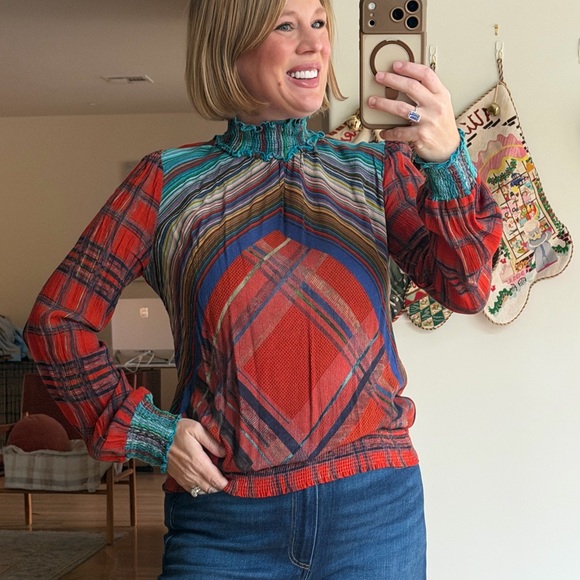 Blank London Tops - Blank London Size Small Multicolor Plaid Red Blue Mock Neck Women's Blouse Top